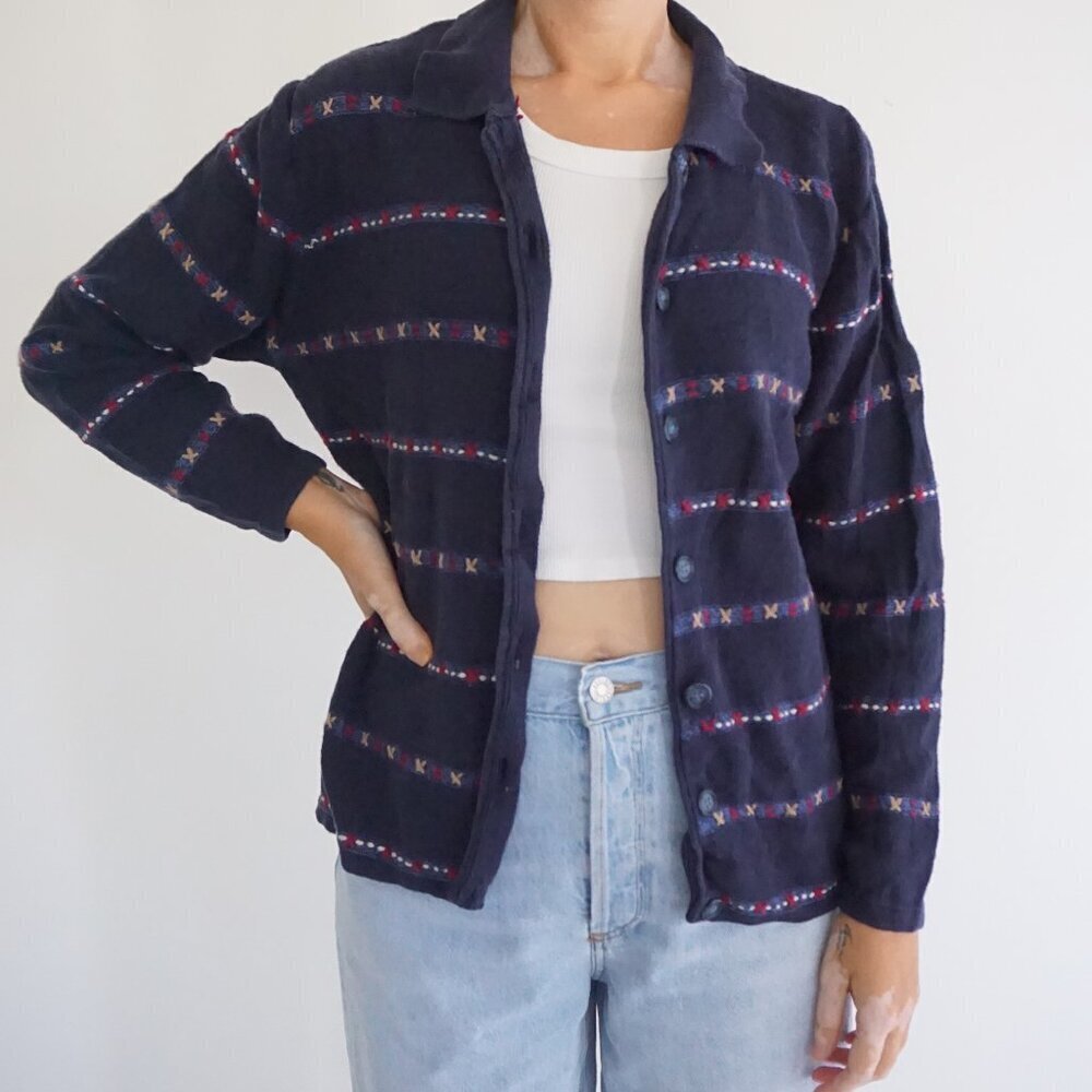 Vintage Christopher Banks Navy Stitched Stripe Button Knit Eclectic Cardigan L